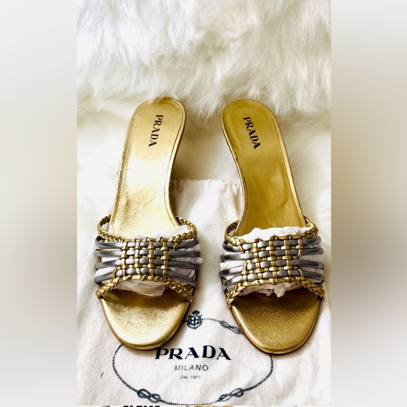 Prada Gold and Silver Leather Woven Wedge Wrapped Slip 🩶💛 - Picture 1 of 7
